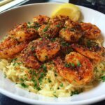 Close-up of Shrimp Orzo in a bowl, garnished with parsley and a lemon wedge.