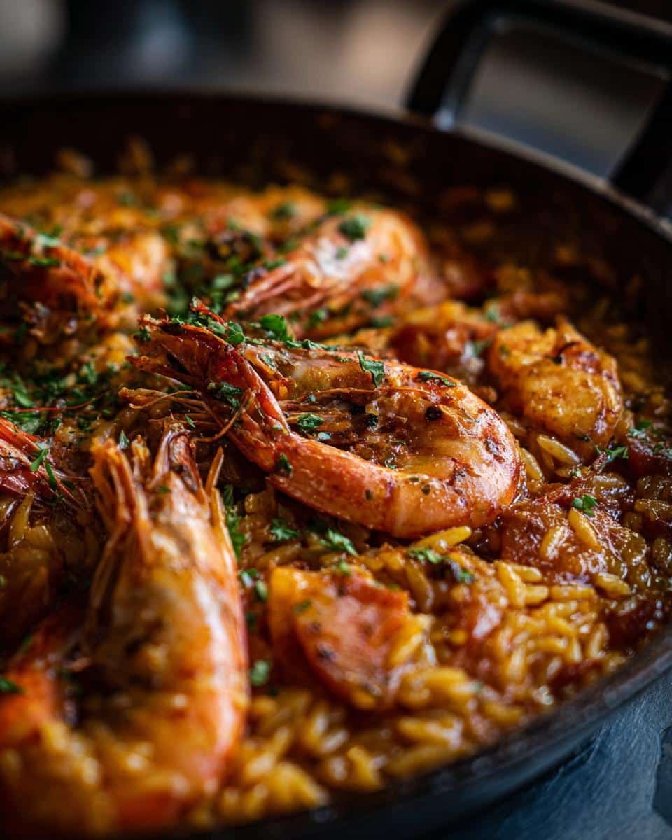 Easy Shrimp Orzo Recipe in Just 30 Minutes 9 Close-up of Shrimp Orzo in a pan, garnished with fresh herbs. A quick and easy meal.