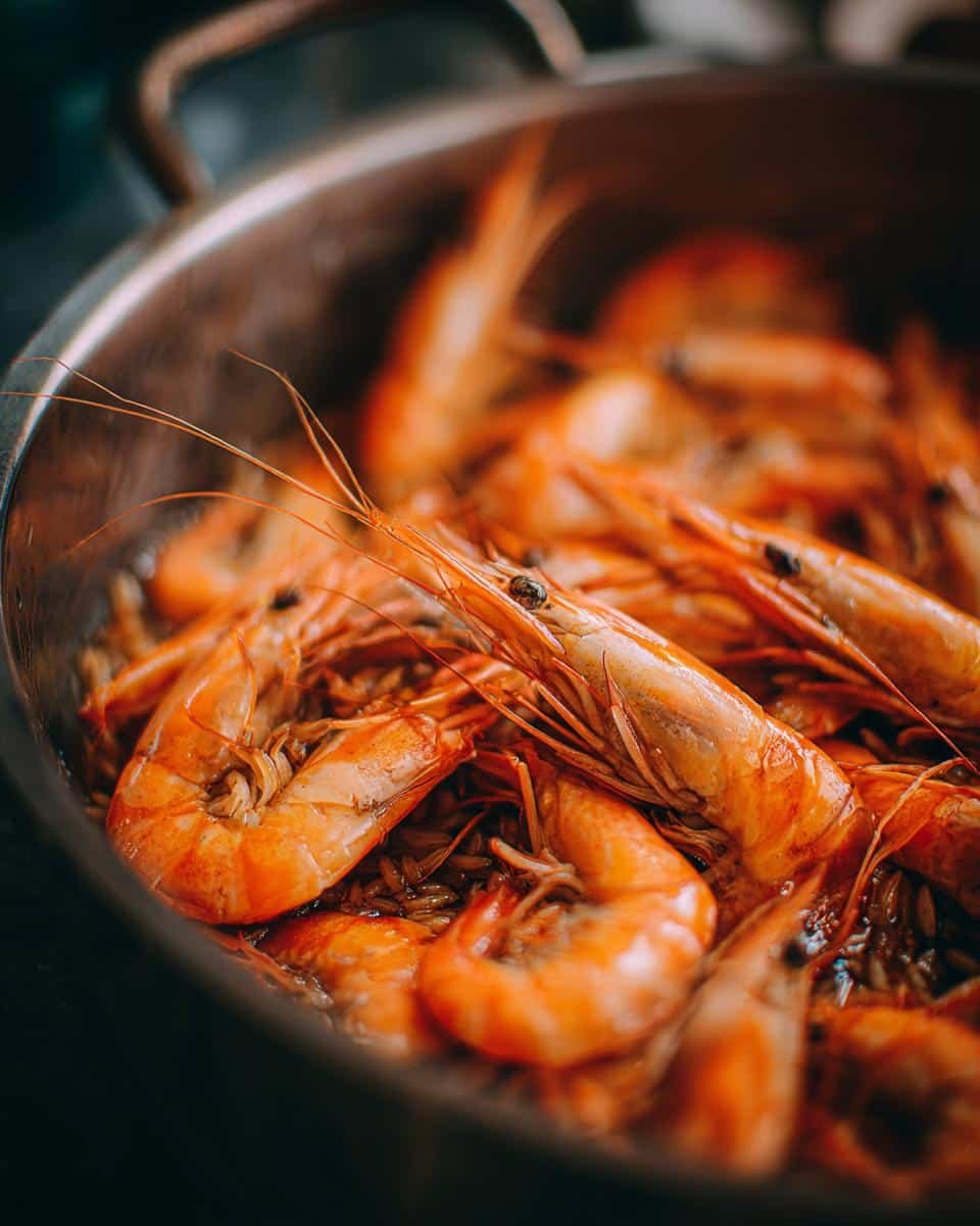 Easy Shrimp Orzo Recipe in Just 30 Minutes 8 Close-up of Shrimp Orzo in a pan, showcasing the cooked shrimp and orzo pasta.