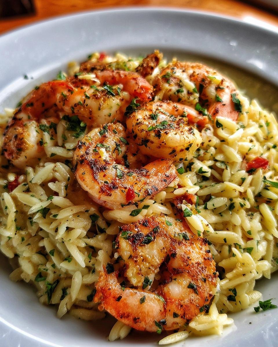 Easy Shrimp Orzo Recipe in Just 30 Minutes 6 A plate of Shrimp Orzo, featuring grilled shrimp over a bed of orzo pasta with herbs.