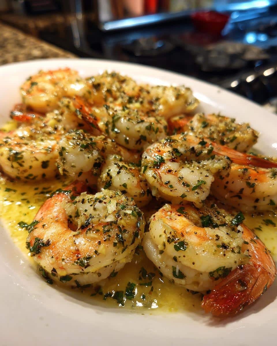 Shrimp Recipes: Shockingly Easy 25-Minute Scampi 7 Close-up of a plate of shrimp recipes: scampi, glistening with sauce and herbs.