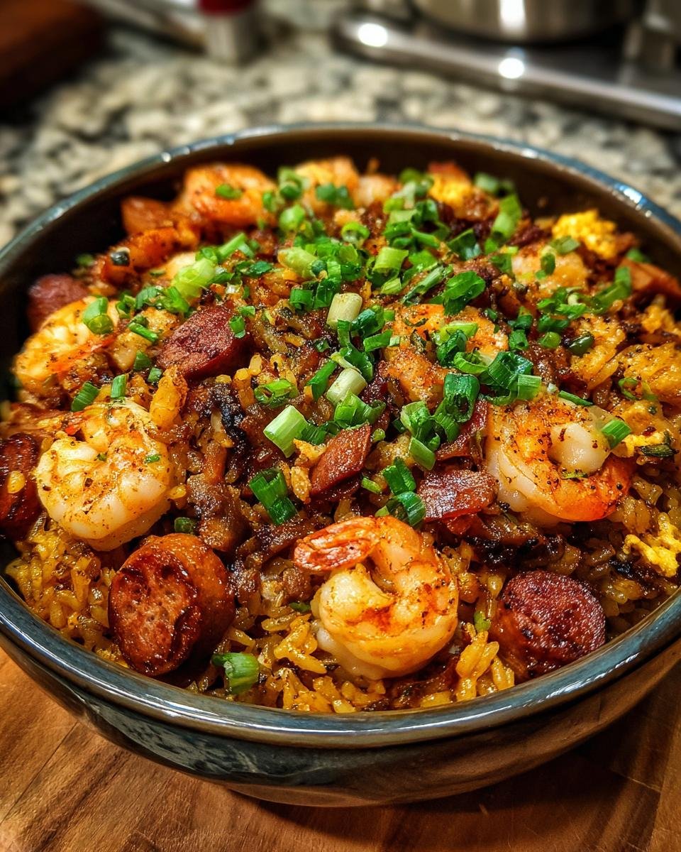 Unbelievably Tasty Shrimp and Sausage Dirty Rice in 45 9 A bowl of Shrimp and Sausage Dirty Rice, garnished with green onions. Close-up shot.