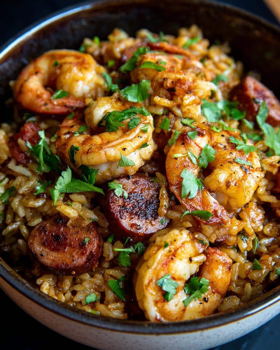 Unbelievably Tasty Shrimp and Sausage Dirty Rice in 45 7 Close-up of a bowl of Shrimp and Sausage Dirty Rice, garnished with fresh parsley.