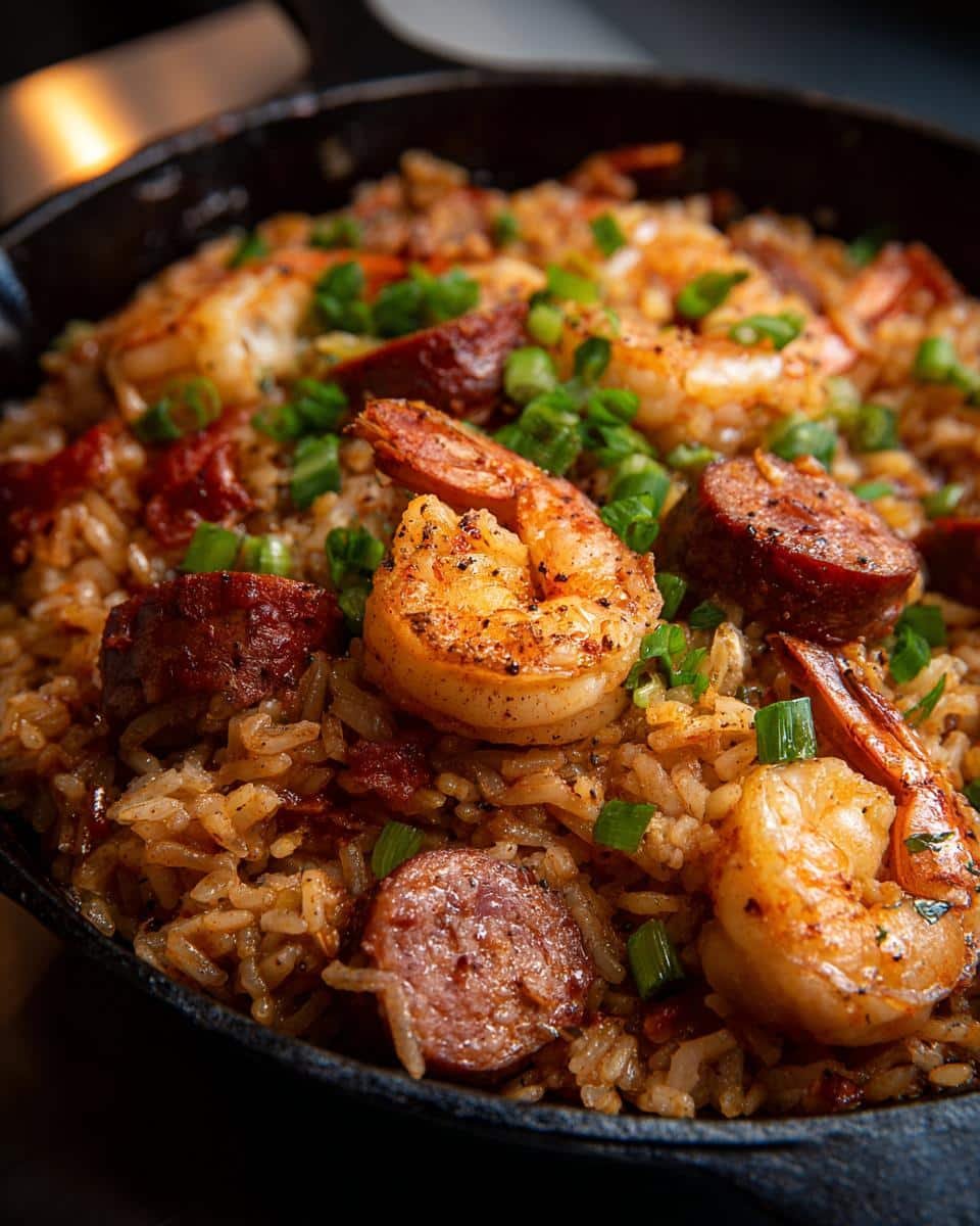 Unbelievably Tasty Shrimp and Sausage Dirty Rice in 45 8 Close-up of Shrimp and Sausage Dirty Rice in a skillet, garnished with green onions.