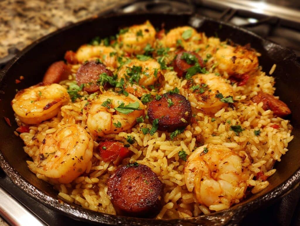 Close-up of Shrimp and Sausage Dirty Rice in a cast iron skillet, garnished with parsley.