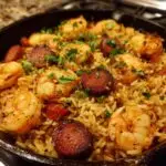 Close-up of Shrimp and Sausage Dirty Rice in a cast iron skillet, garnished with parsley.