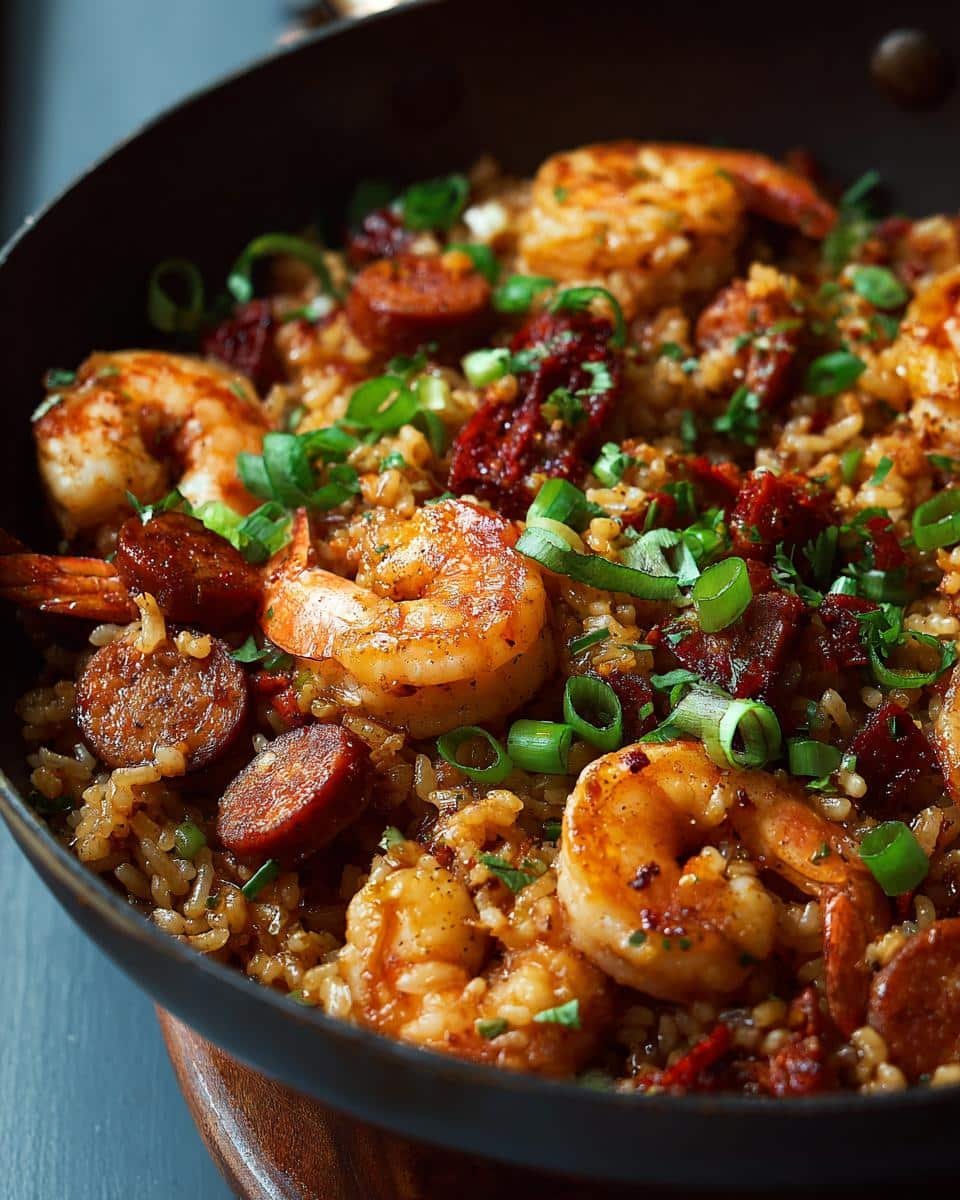 Unbelievably Tasty Shrimp and Sausage Dirty Rice in 45 6 Close-up of Shrimp and Sausage Dirty Rice in a pan, garnished with green onions.