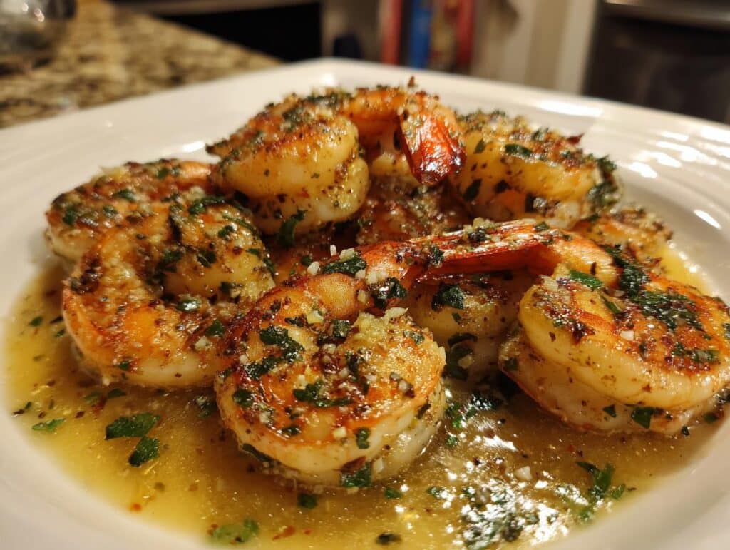 A plate of delicious shrimp scampi, featuring plump shrimp in a buttery, garlic sauce with fresh herbs. Shrimp recipes.
