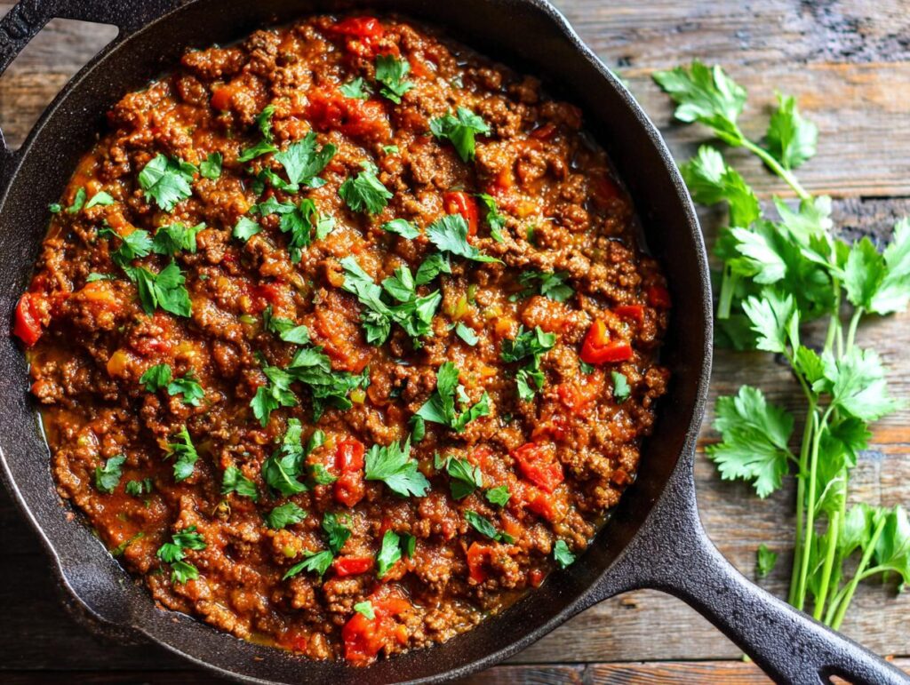 Overhead view of a skillet with ground turkey recipe, tomatoes, and parsley garnish.