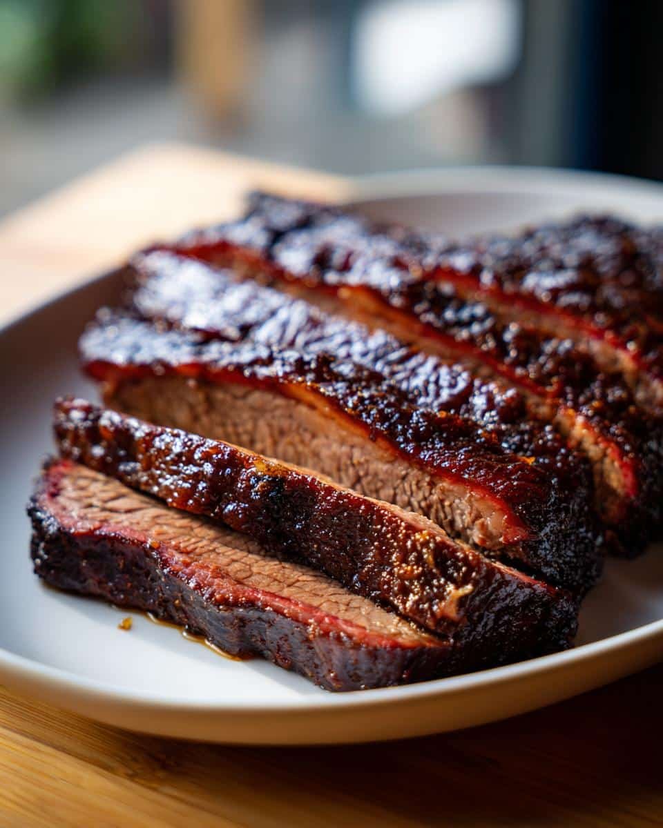 Fail-Proof Slow Cooker Brisket Recipe: Unbelievably Tender 8 Close-up of juicy, sliced Slow Cooker Brisket with a dark, flavorful crust on a white plate.
