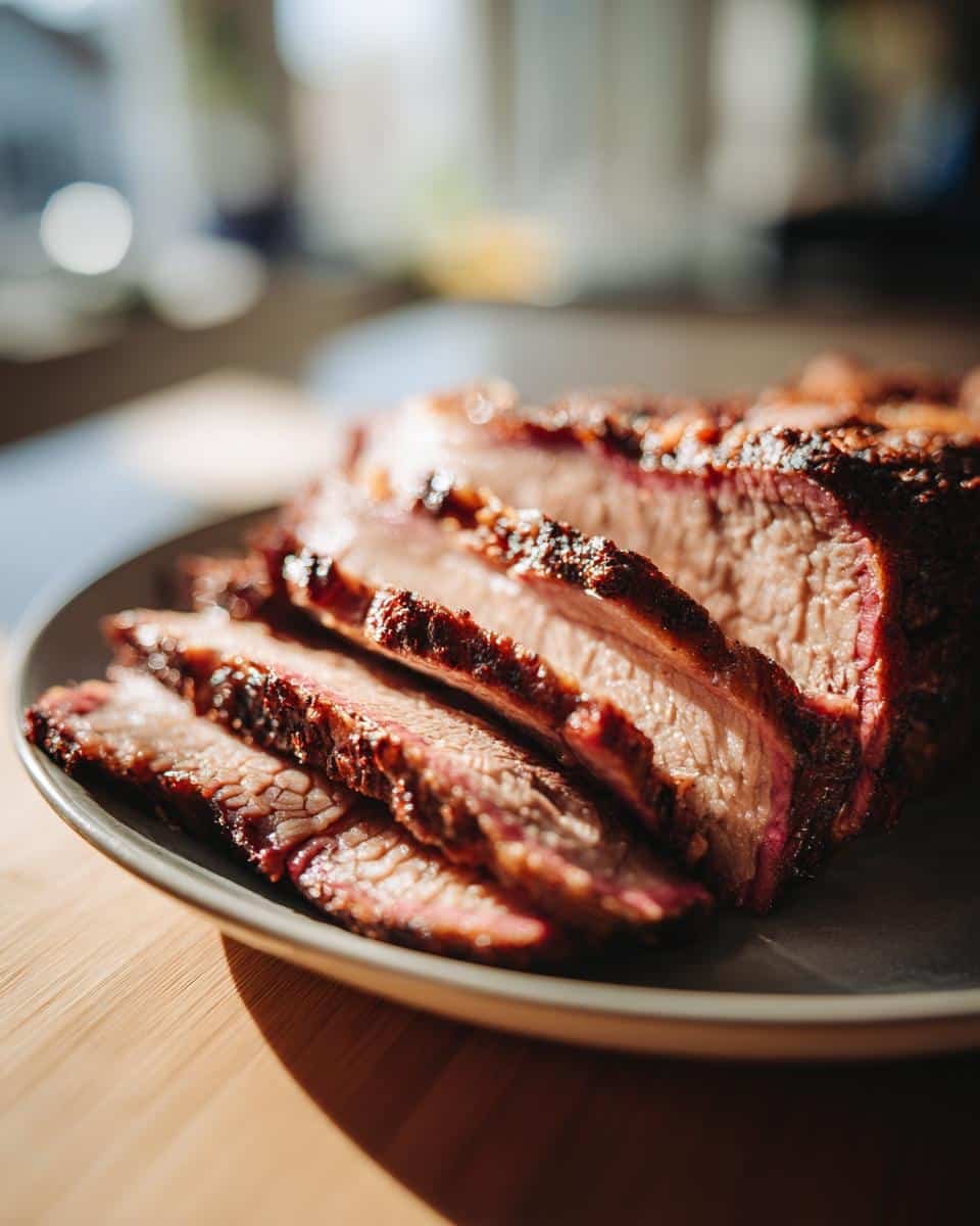 Fail-Proof Slow Cooker Brisket Recipe: Unbelievably Tender 9 Close-up of sliced Slow Cooker Brisket on a plate, showing the tender meat and flavorful crust.