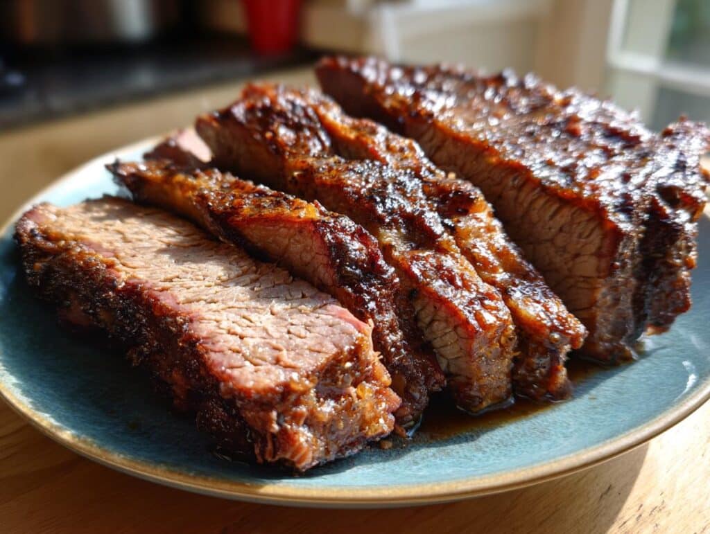Close-up of juicy slices of Slow Cooker Brisket on a blue plate, showcasing the tender texture and rich color.