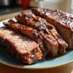 Close-up of juicy slices of Slow Cooker Brisket on a blue plate, showcasing the tender texture and rich color.