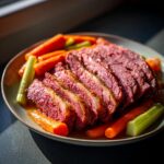 Sliced slow cooker corned beef recipes served with carrots and celery on a plate.