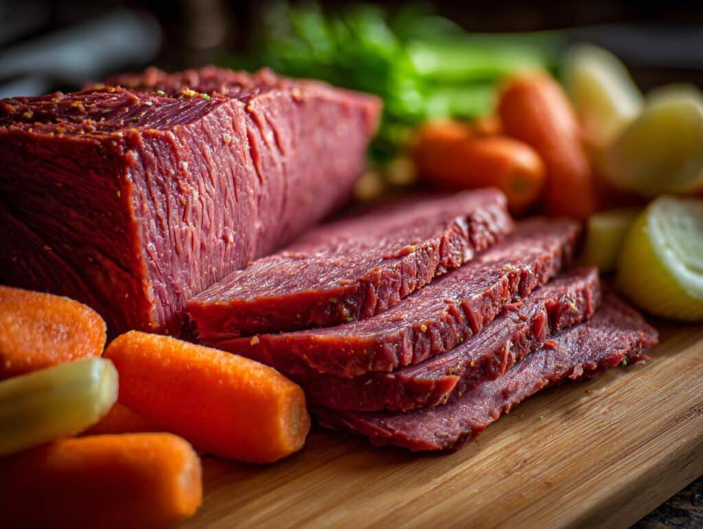 Sliced slow cooker corned beef with carrots and potatoes on a wooden cutting board. Delicious corned beef recipes slow cooker.