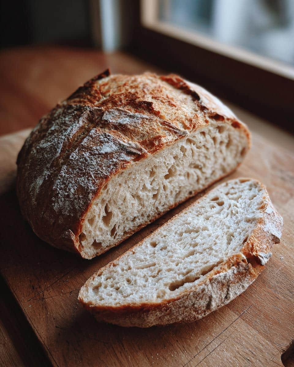 Foolproof Active Sourdough Starter Recipes With Just 4 Items 8 Loaf of sourdough bread with a slice cut, showcasing the airy texture from active sourdough starter recipes.