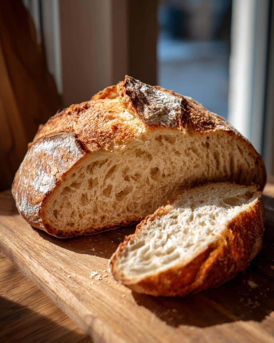 Foolproof Active Sourdough Starter Recipes With Just 4 Items 9 Loaf of sourdough bread with a slice cut, showcasing the texture from the active sourdough starter recipes.