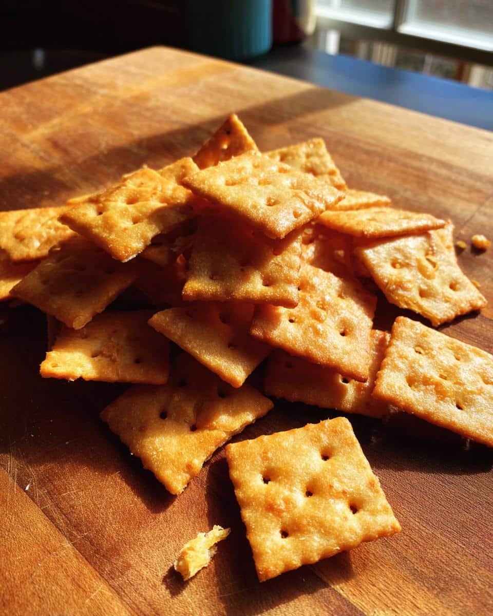 Unbelievable Sourdough Cheez Its with Just 6 Ingredients 9 Pile of golden brown, homemade sourdough cheez its on a wooden cutting board, ready to eat.