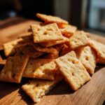 A pile of homemade sourdough cheez its crackers on a wooden surface, showcasing their texture and golden color.