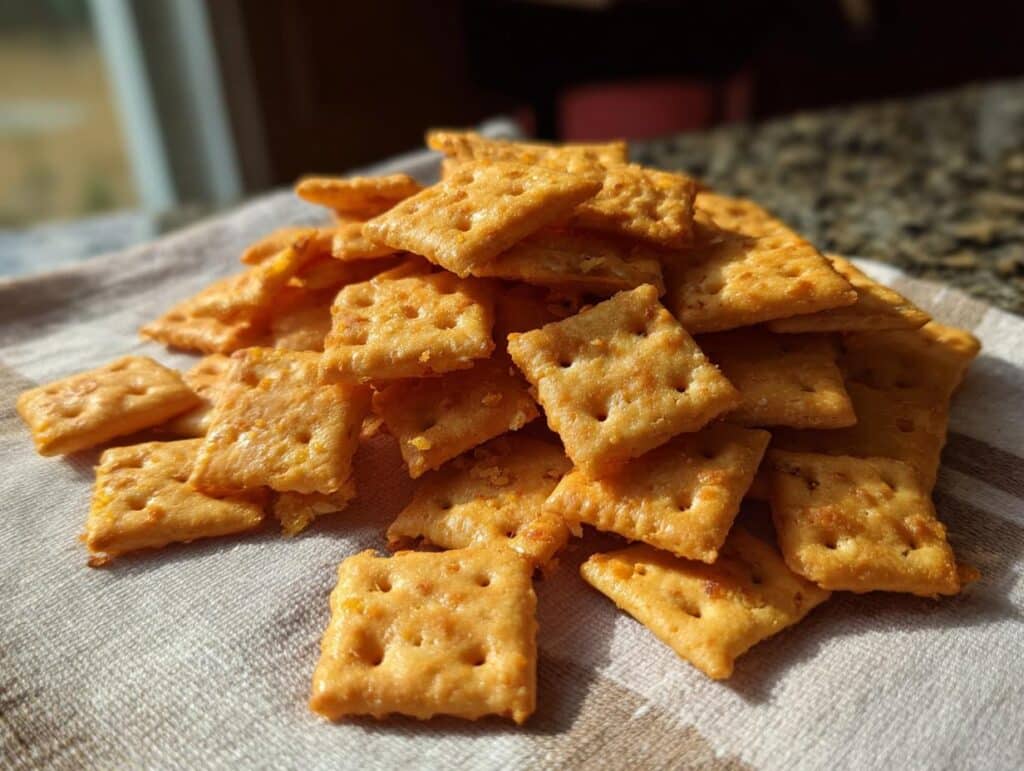A pile of homemade sourdough cheez its on a striped cloth, showcasing their golden color and texture.