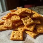 A pile of homemade sourdough cheez its on a striped cloth, showcasing their golden color and texture.