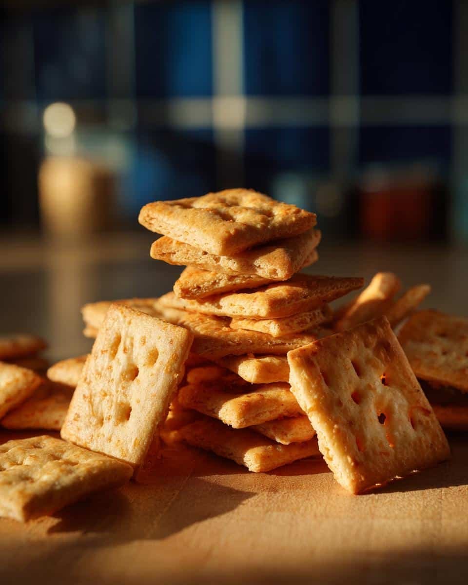 Unbelievable Sourdough Cheez Its with Just 6 Ingredients 8 A stack of golden-brown homemade sourdough cheez its crackers on a wooden surface.