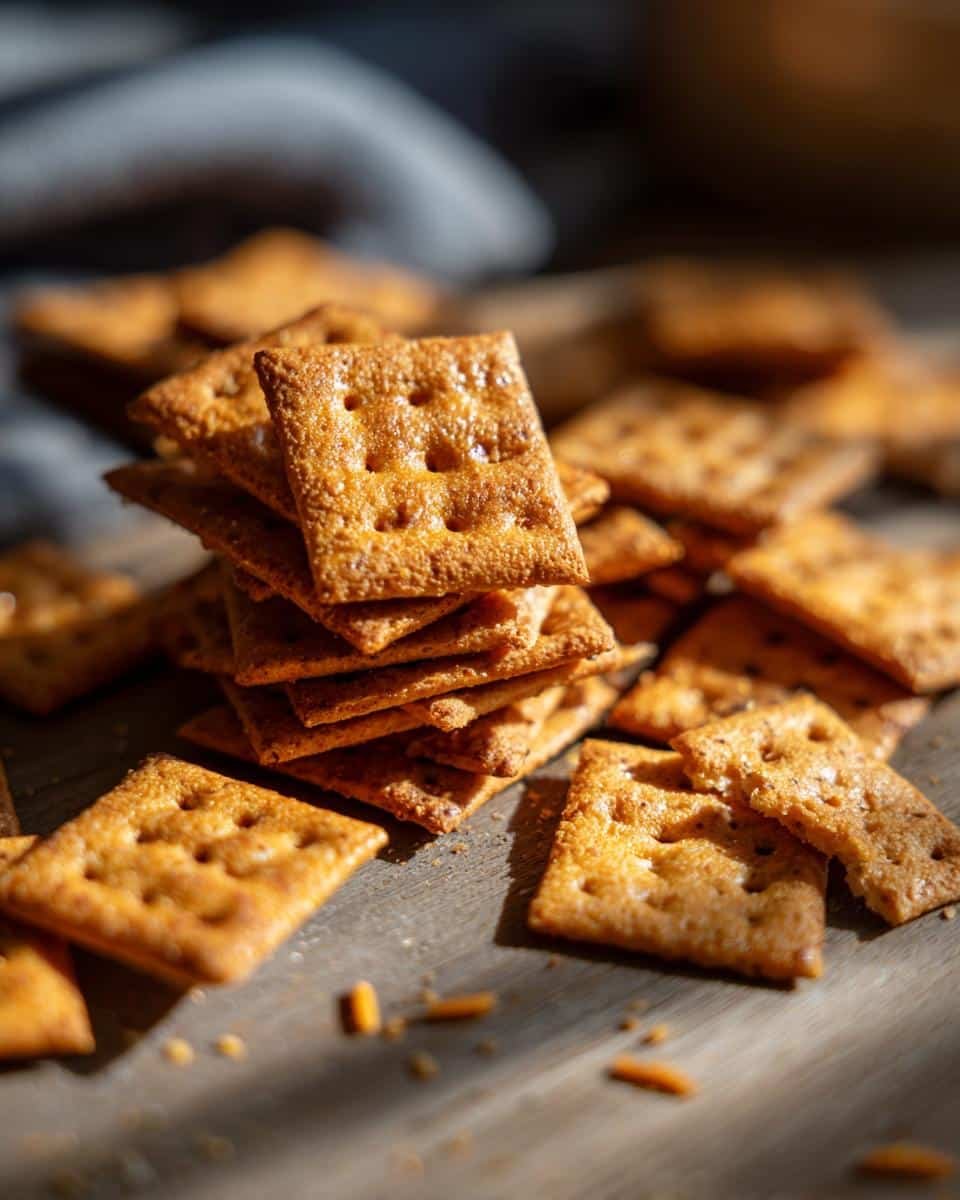 Unbelievable Sourdough Cheez Its with Just 6 Ingredients 6 A stack of crispy, golden-brown homemade sourdough cheez its on a wooden surface.