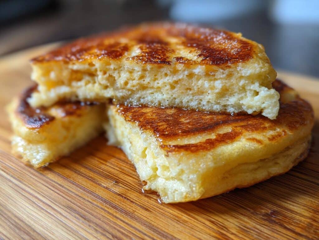 A stack of golden-brown sourdough discard pancakes on a wooden board, drizzled with syrup.