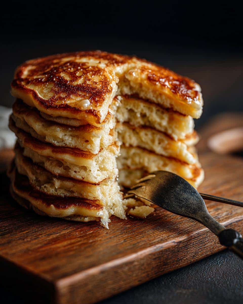 7 Amazing Sourdough Discard Recipes Pancakes, No Waste 6 A stack of golden sourdough discard pancakes on a wooden board with a fork, ready to eat.