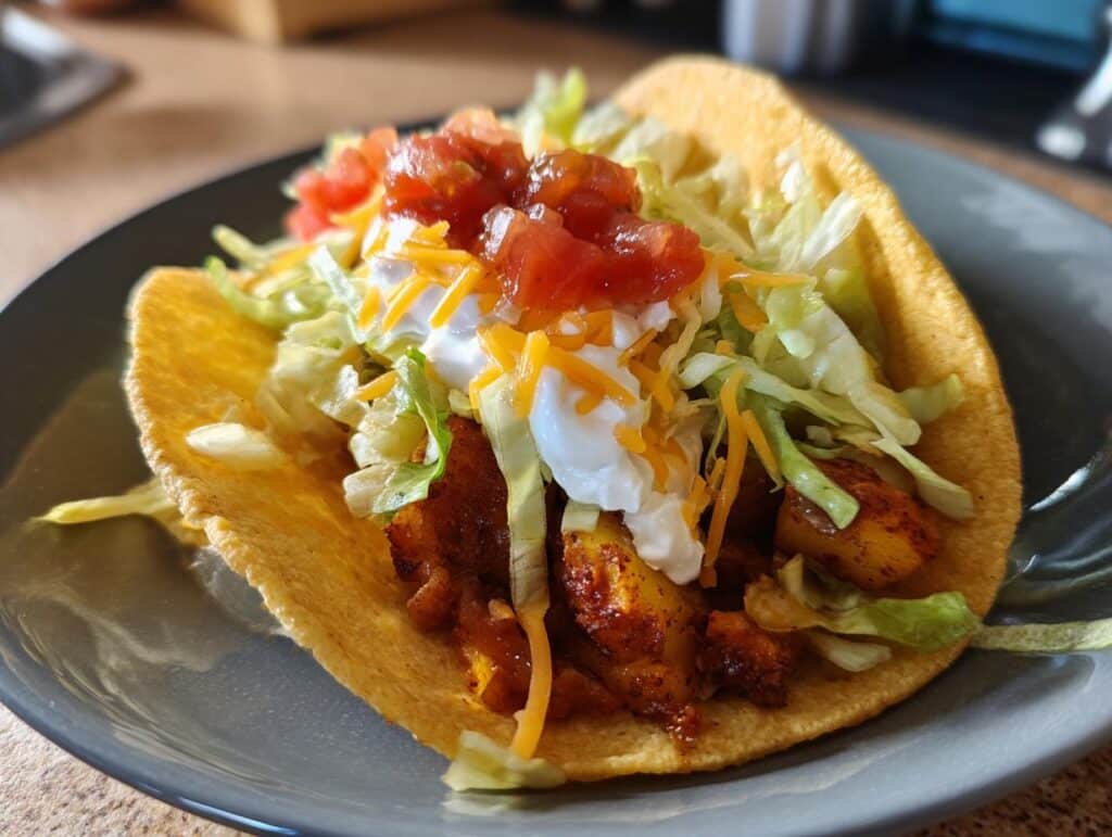 Close-up of a Spicy Potato Taco with lettuce, cheese, sour cream, and salsa on a gray plate.