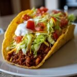 Close-up of a Spicy Potato Taco in a crispy shell, topped with lettuce, cheese, tomatoes, and sour cream.