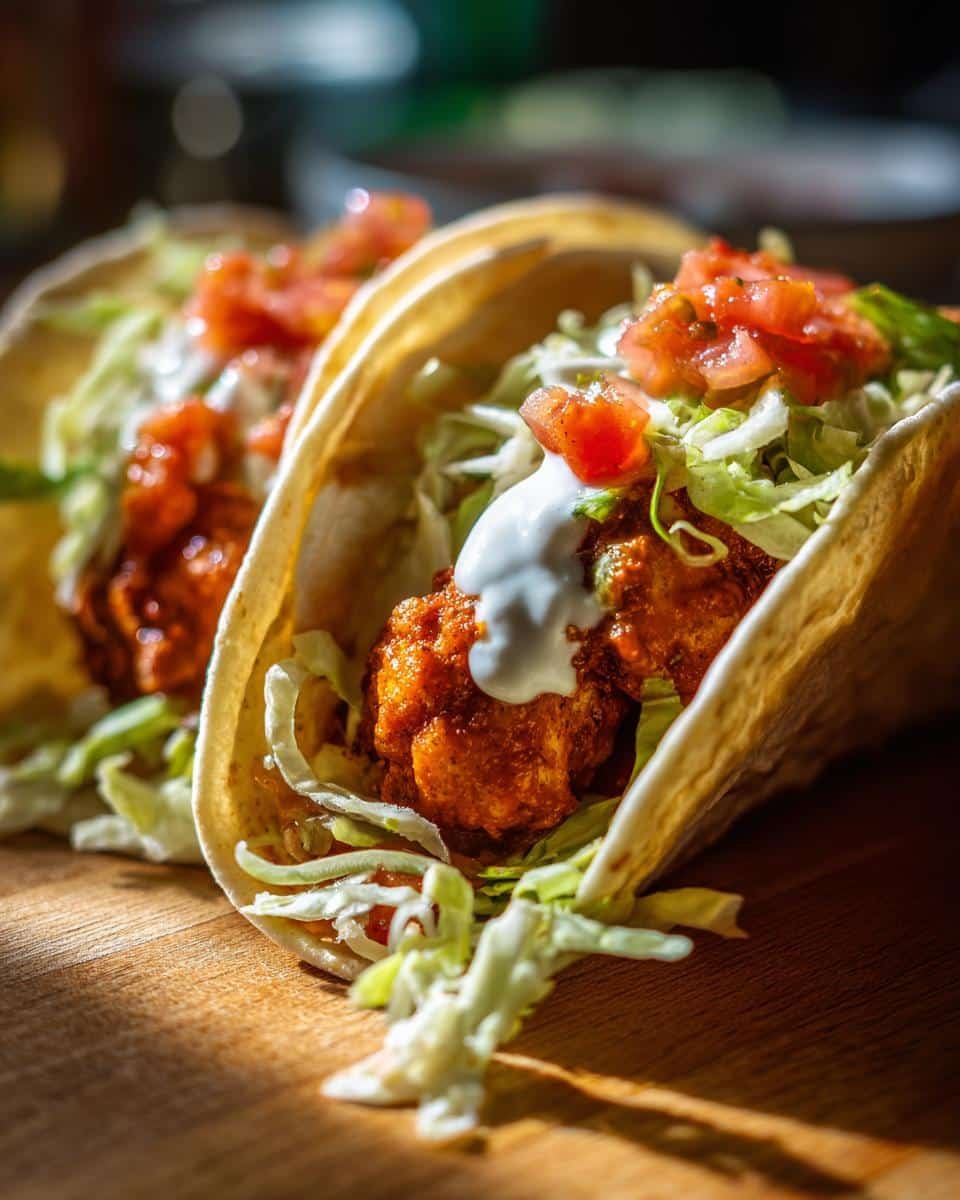 Spicy Potato Tacos: 4 Unforgivable Mistakes 7 Two spicy potato tacos filled with lettuce, tomato, sour cream, and spicy potatoes on a wooden board.