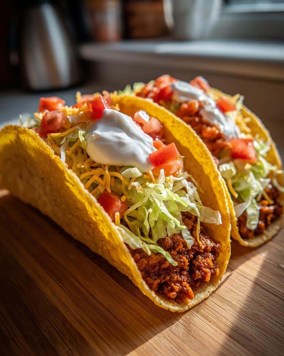 Spicy Potato Tacos: 4 Unforgivable Mistakes 9 Two spicy potato tacos filled with potato, lettuce, cheese, tomatoes, and sour cream on a wooden board.