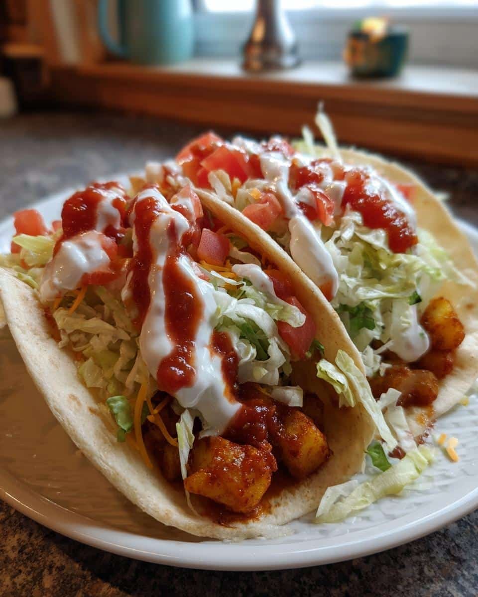 Spicy Potato Tacos: 4 Unforgivable Mistakes 8 Two spicy potato tacos on a plate, topped with lettuce, tomatoes, sour cream, and hot sauce.