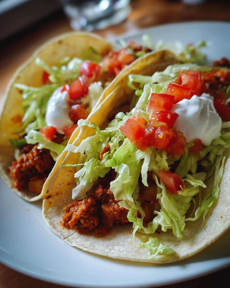 Spicy Potato Tacos: 4 Unforgivable Mistakes 6 Two Spicy Potato Tacos on a plate, topped with lettuce, diced tomatoes, and a dollop of sour cream.