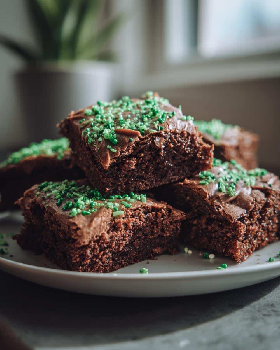St Patrick’s Day Treats: 25-Minute Lucky Brownies 8 A stack of frosted brownies with green sprinkles, perfect St Patrick’s Day treats.