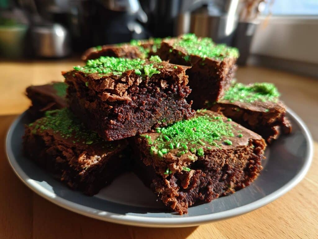 A stack of homemade brownies with green sprinkles, perfect St Patrick’s Day treats.