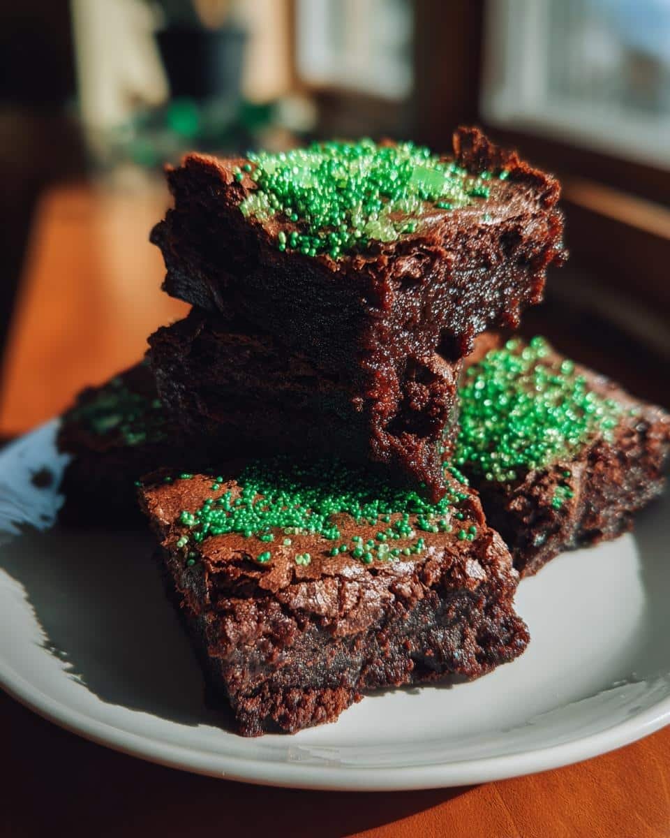 St Patrick’s Day Treats: 25-Minute Lucky Brownies 7 A stack of delicious brownies topped with green sprinkles, perfect St Patrick’s Day treats.