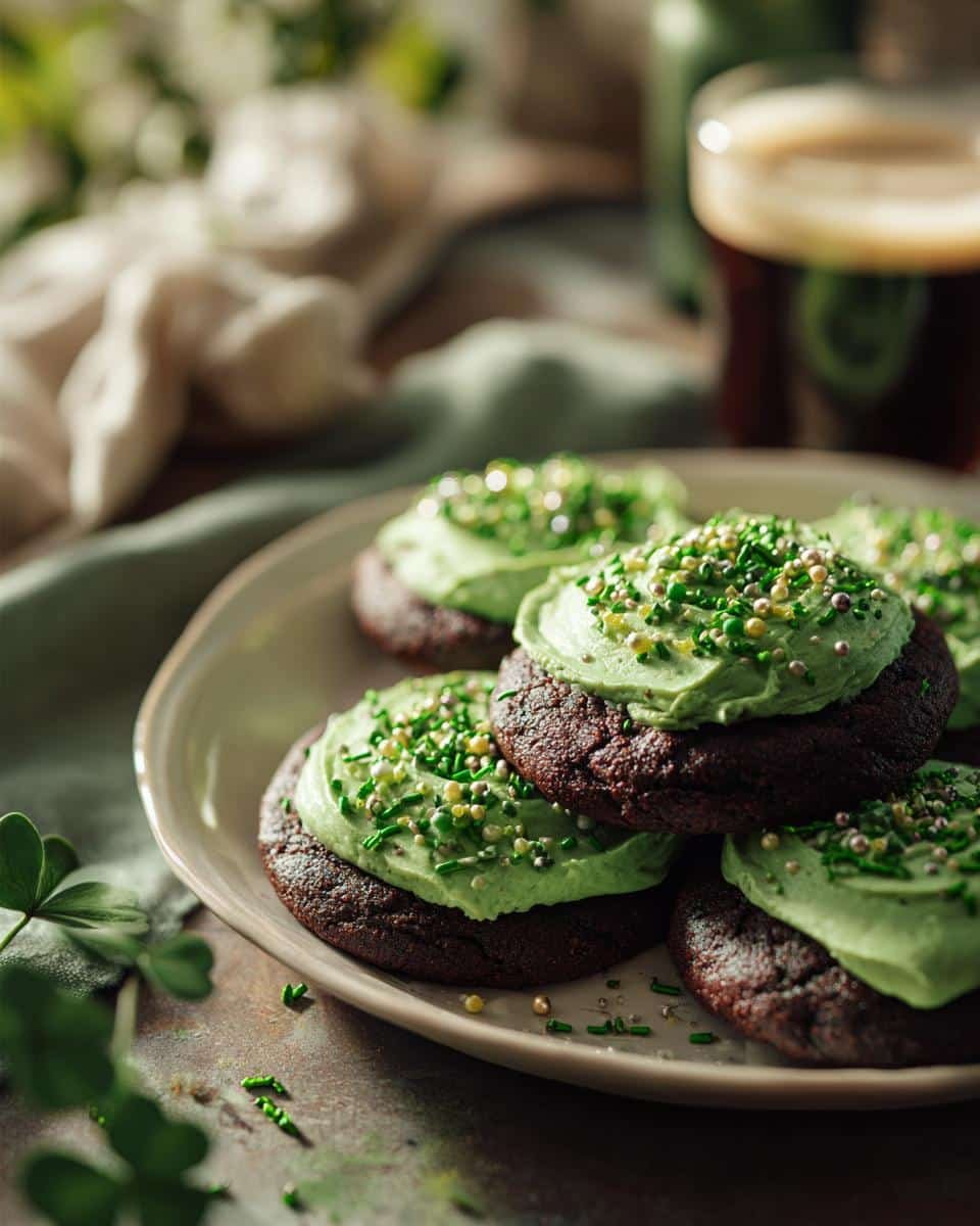 St Patrick’s Day Cookies: 4 Lucky Tips for Deliciousness 8 A plate of festive St Patrick’s Day cookies, chocolate with green frosting and sprinkles.