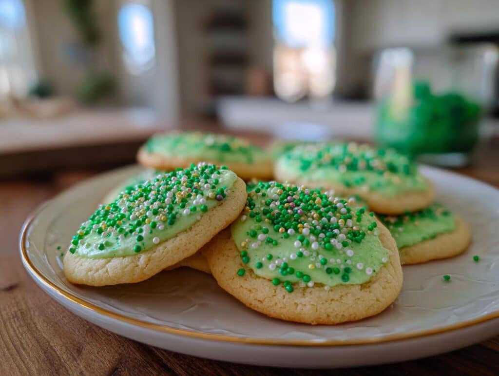 A plate of festive St Patrick’s Day cookies, topped with green frosting and colorful sprinkles.