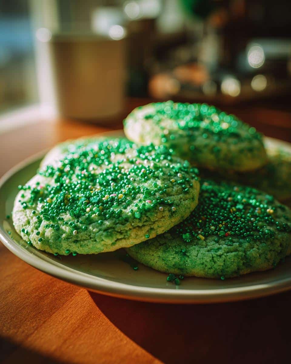 St Patrick’s Day Cookies: 4 Lucky Tips for Deliciousness 7 A plate of festive green St Patrick’s Day cookies covered in colorful sprinkles.