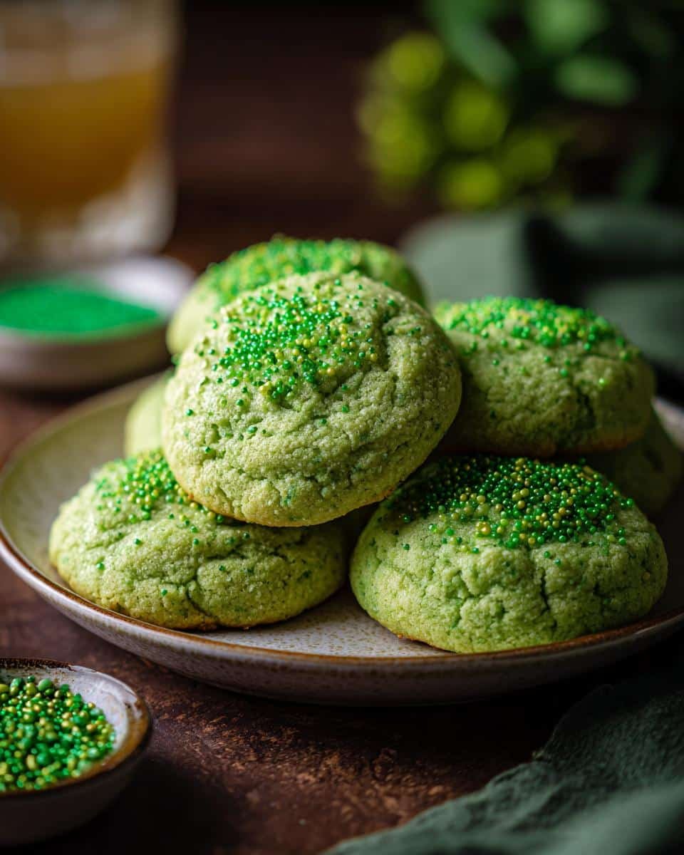 St Patrick’s Day Cookies: 4 Lucky Tips for Deliciousness 9 A stack of green St Patrick’s Day cookies decorated with green and gold sprinkles on a plate.
