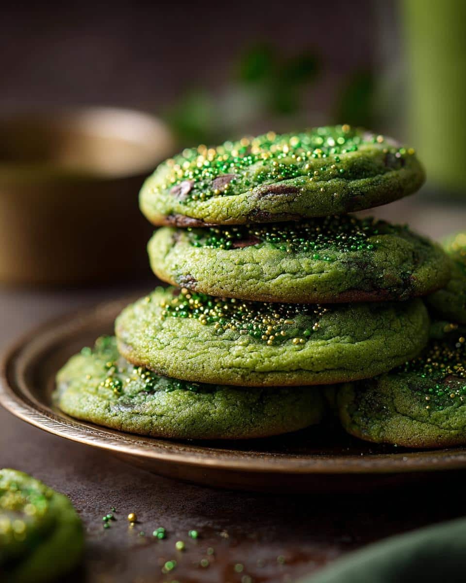 St Patrick’s Day Cookies: 4 Lucky Tips for Deliciousness 6 A stack of green St Patrick’s Day cookies decorated with green and gold sprinkles on a bronze plate.