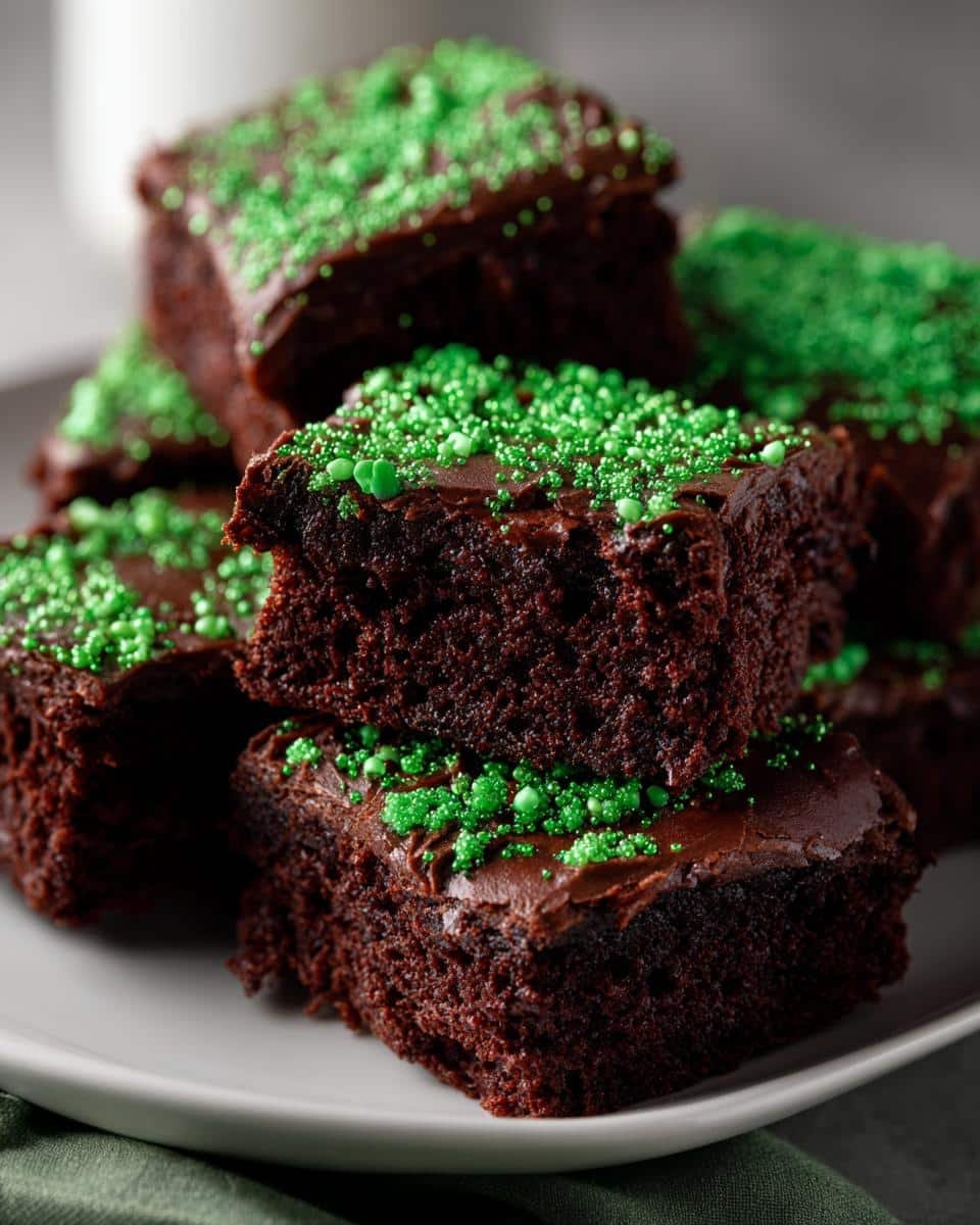 St Patrick’s Day Treats: 25-Minute Lucky Brownies 9 A stack of delicious brownies, topped with chocolate frosting and green sprinkles, perfect St Patrick’s Day treats.
