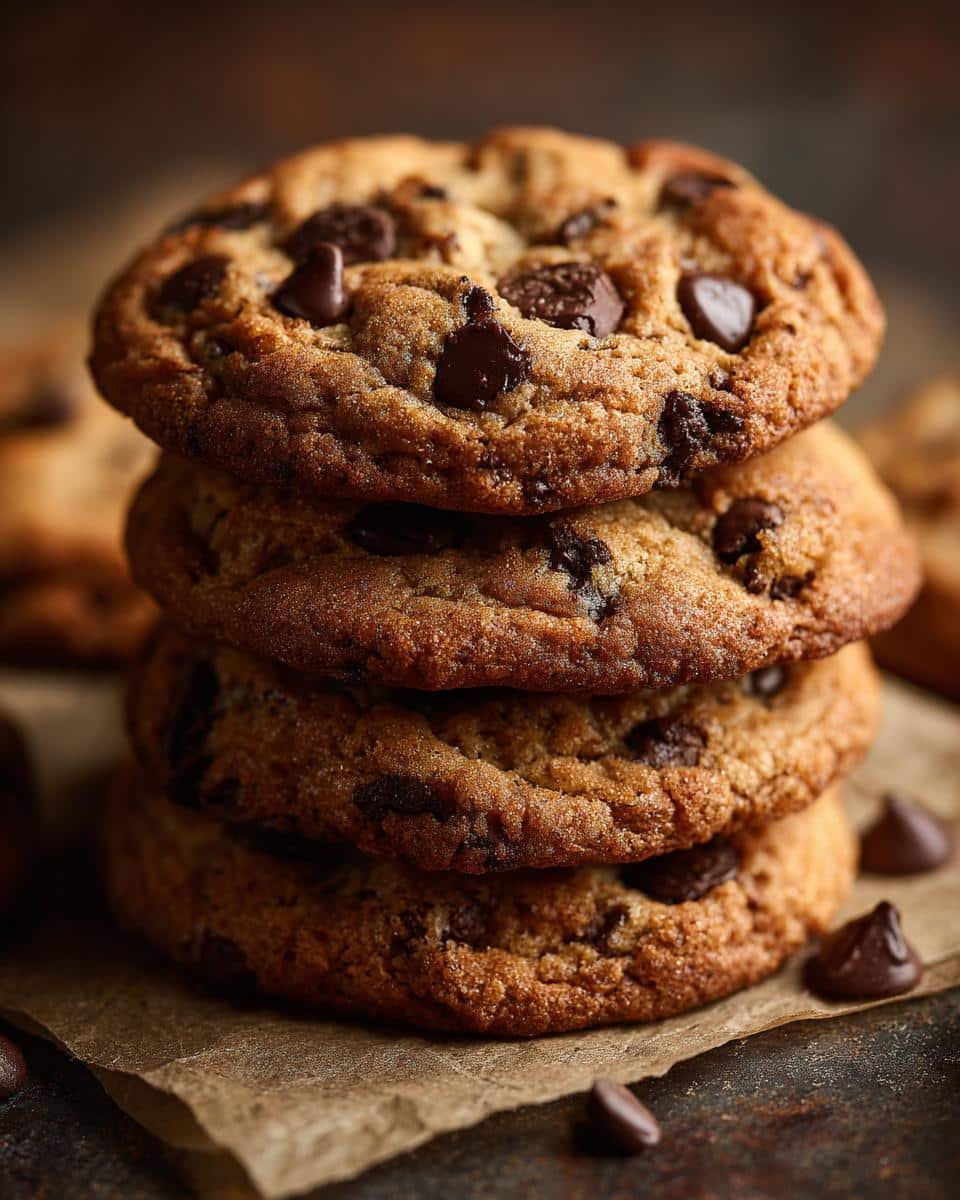 Chocolate Chip Cookies: Stop Ruining Batch #2, It's Easy 6 A stack of three freshly baked chocolate chip cookies on parchment paper, with chocolate chips scattered around.