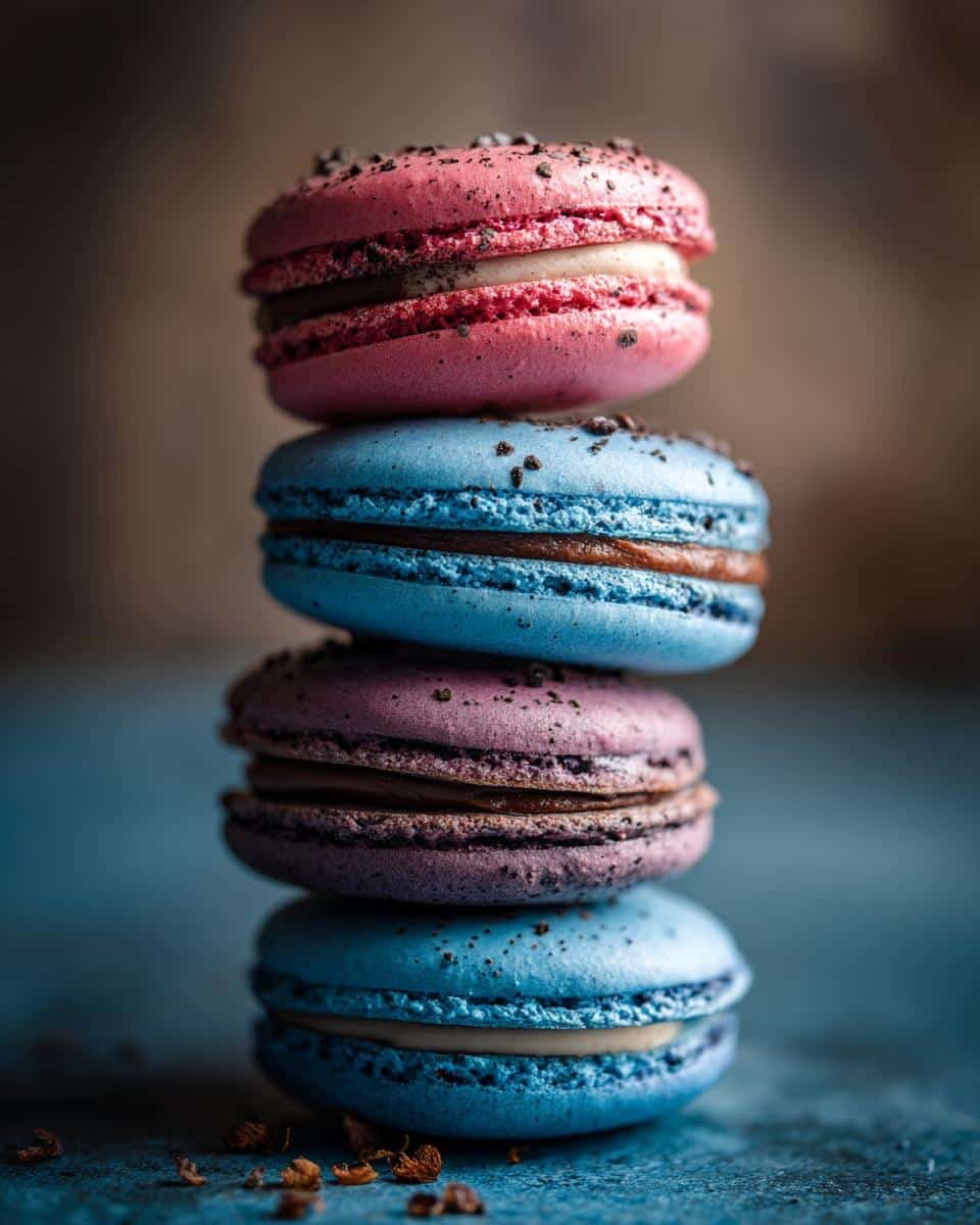 Fail-Proof Macarons: 1 Unforgivable Mistake to Avoid 9 Stack of colorful macarons in pink, blue, and purple, decorated with chocolate sprinkles.