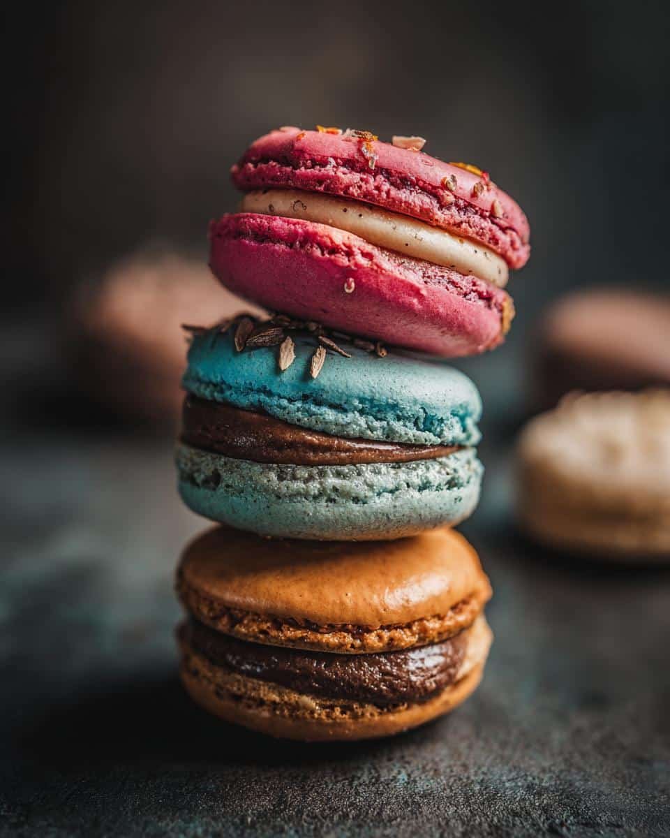 Fail-Proof Macarons: 1 Unforgivable Mistake to Avoid 6 Stack of colorful macarons in pink, blue, and brown. Delicious and delicate French macarons.