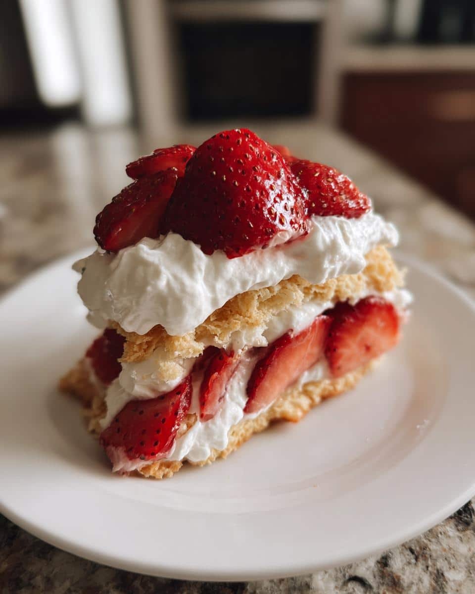 Disgustingly Easy 7-Step Strawberry Shortcake Recipe 8 A layered strawberry shortcake with fresh strawberries and whipped cream on a white plate.