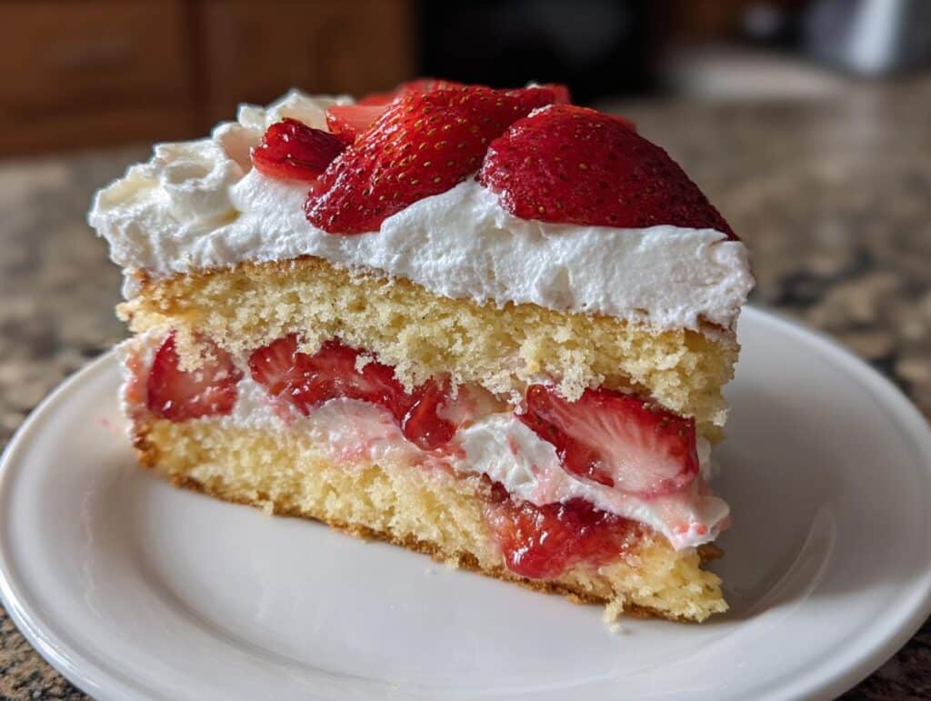 A delicious slice of strawberry shortcake with layers of cake, whipped cream, and fresh strawberries.