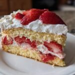 A delicious slice of strawberry shortcake with layers of cake, whipped cream, and fresh strawberries.